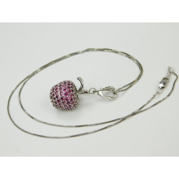 Sterling Silver OTC Pink Pave Ruby Bitten Apple Pendant Necklace on 18" Chain - Picture 2 of 6